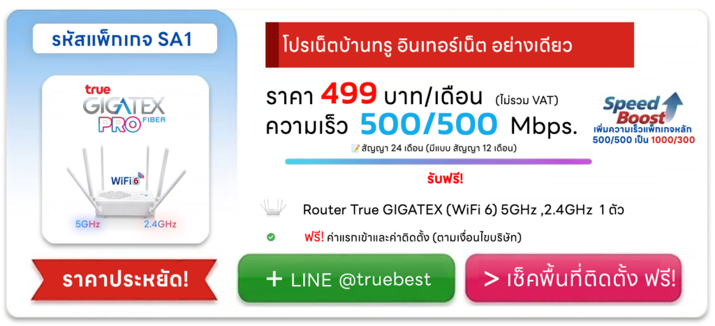 โปรเน็ตบ้านทรูเน็ตอย่างเดียว SA1 ความเร็ว 500/500 mbps ของบริษัท เบสท์เน็ตไวไฟ ล่าสุด
